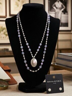 Banana Republic Layered Beaded Cameo Pendant Long Necklace Silver Tone